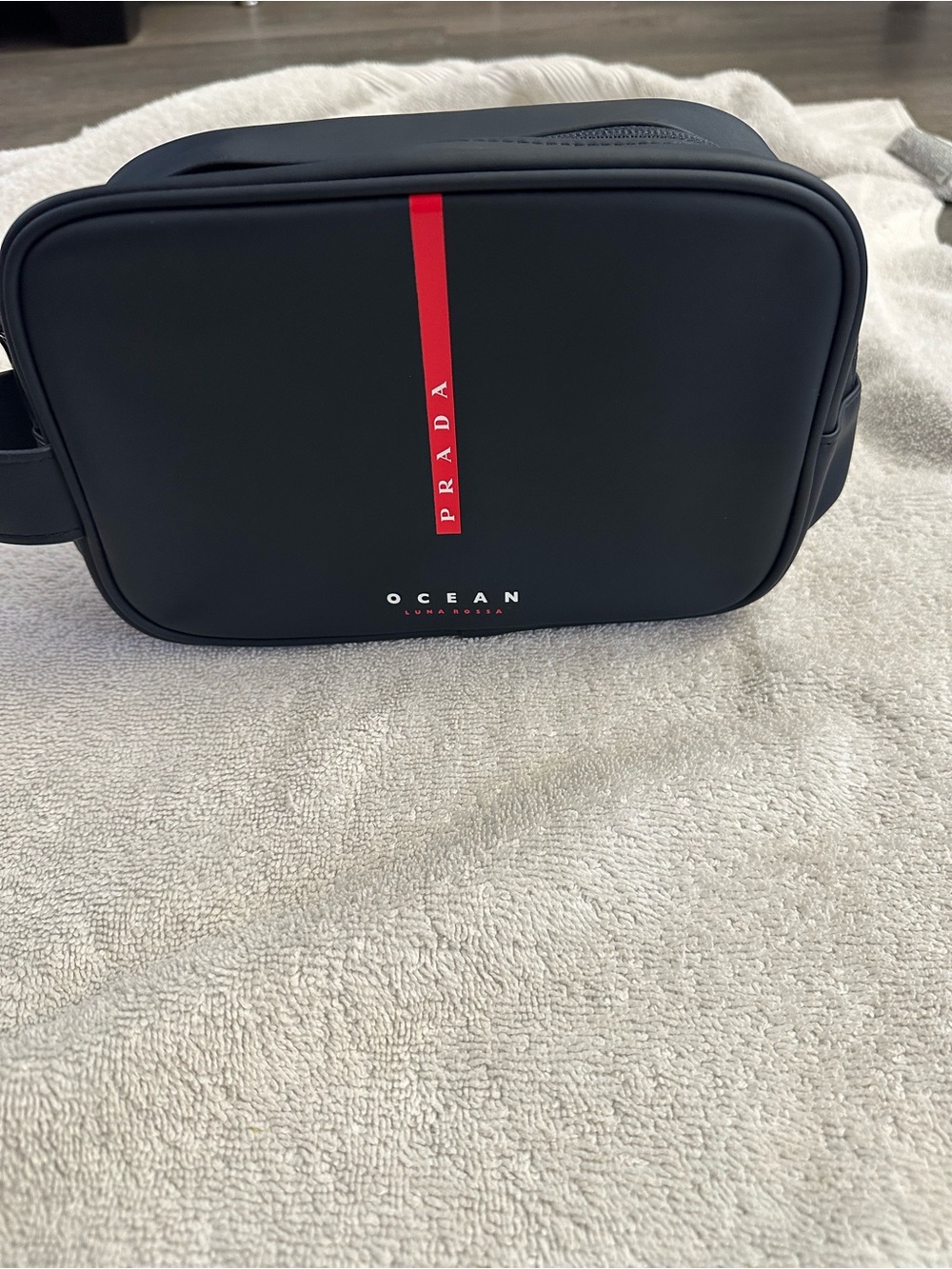 Prada Black Toiletry Pouch with Red Stripe